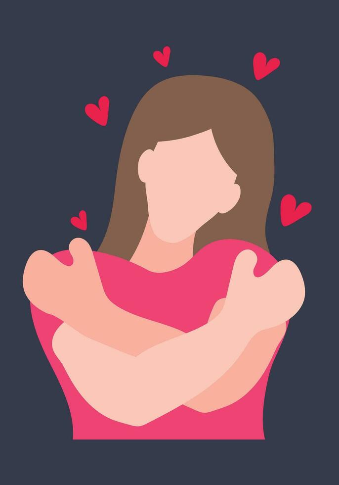 Self Love Hug. Female Hand Drawn Cartoon Character Illustration vector