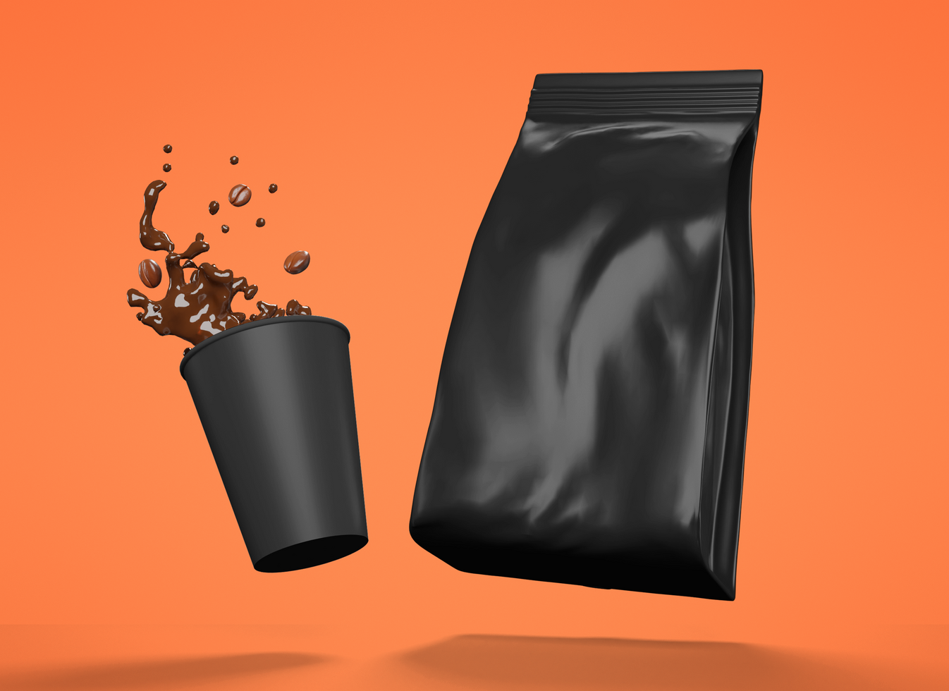 metallisch Kaffee Beutel Attrappe, Lehrmodell, Simulation mit Tasse psd
