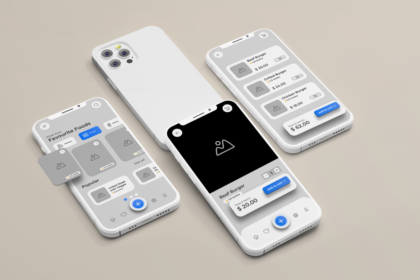 App interface with food menu display on phone screen mockup psd