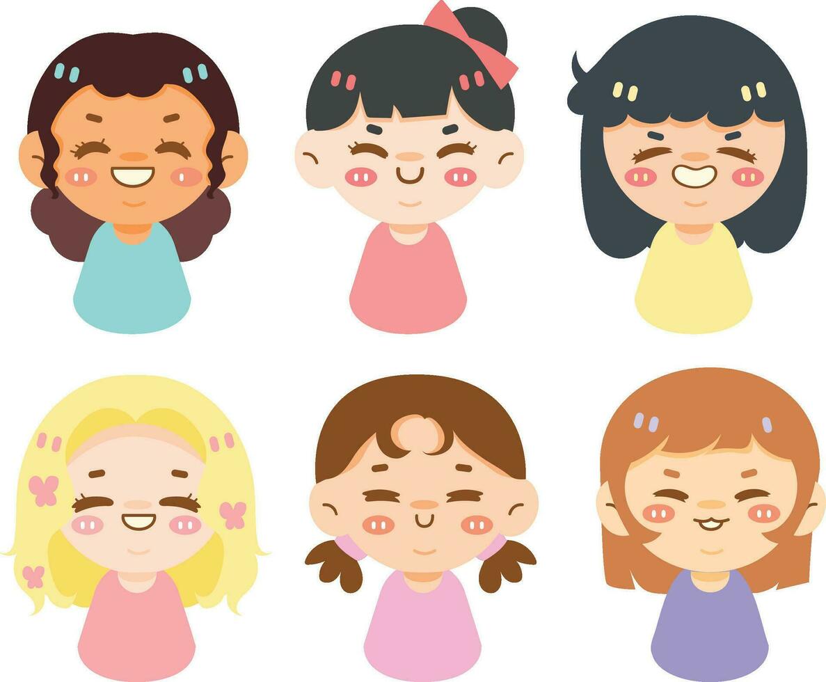 conjunto de linda muchachas iconos sonrisa, feliz, niños, vistoso, dibujos animados, vector