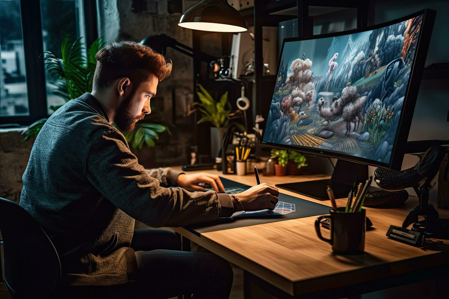 Graphic designer using a graphics tablet ,Generative AI. photo