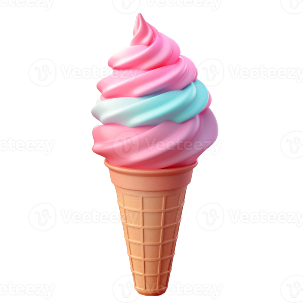Ice cream on waffle cone. Realistic soft milk dessert icon. Digital illustration for artwork design PNG on transparent background
