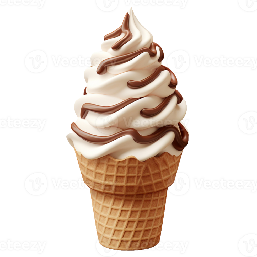 baunilha gelo creme com chocolate cobertura em waffle cone. 3d realista suave leite sobremesa ícone. digital ilustração para obra de arte Projeto png em transparente fundo