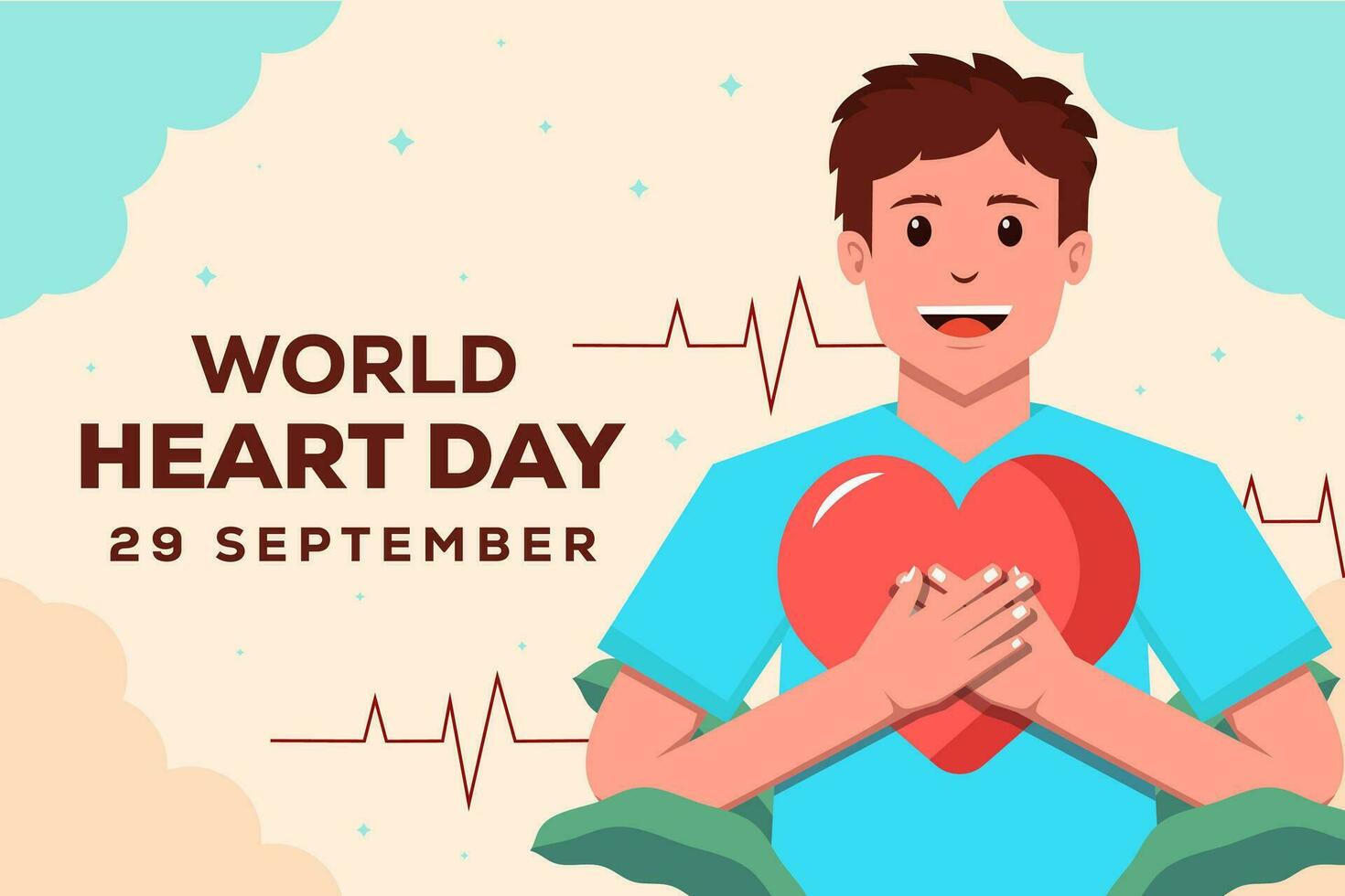 World Heart Day horizontal banner illustration with a man holding a heart vector