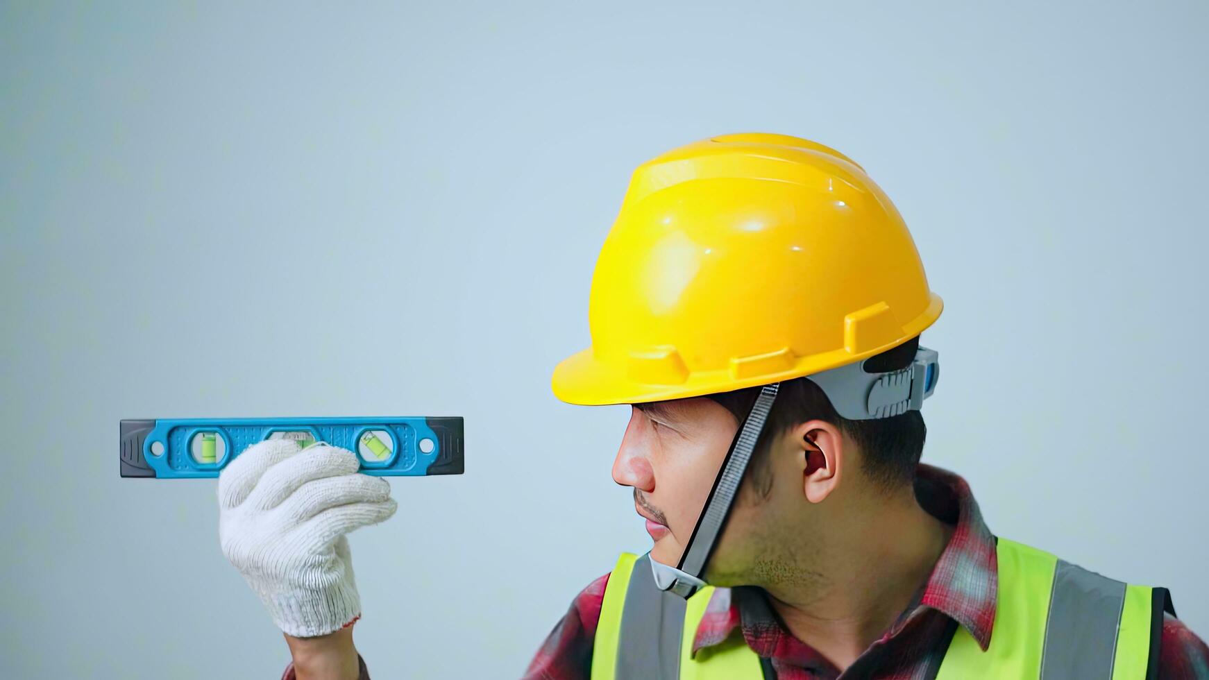 A young engineer wearing a yellow safety. using water level measuring ruler in empty copy space. photo