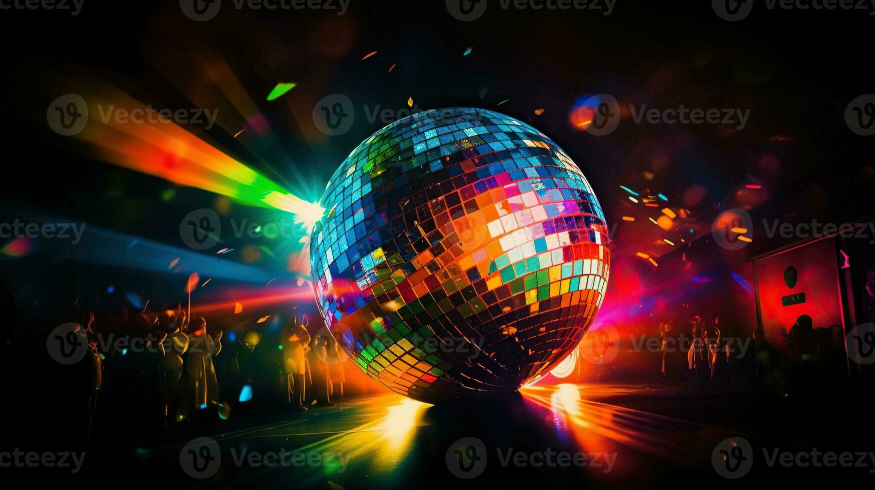 Nightclub Extravaganza. Mirror Ball and Lasers Illuminate the Dance Floor with Vibrant Rainbows. Generative AI photo