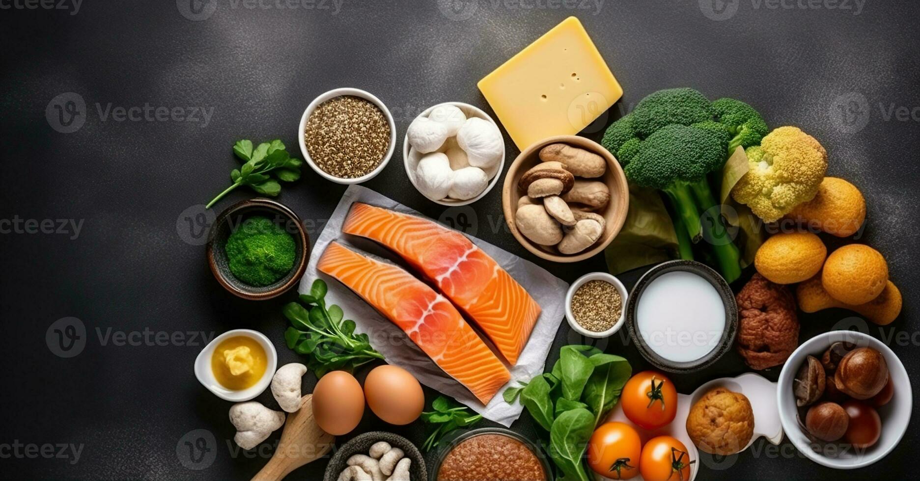 Foods Abundant in Vitamin D Against a Rich, Dark Backdrop - Promoting a Healthy Diet and Wellness. Generative AI photo