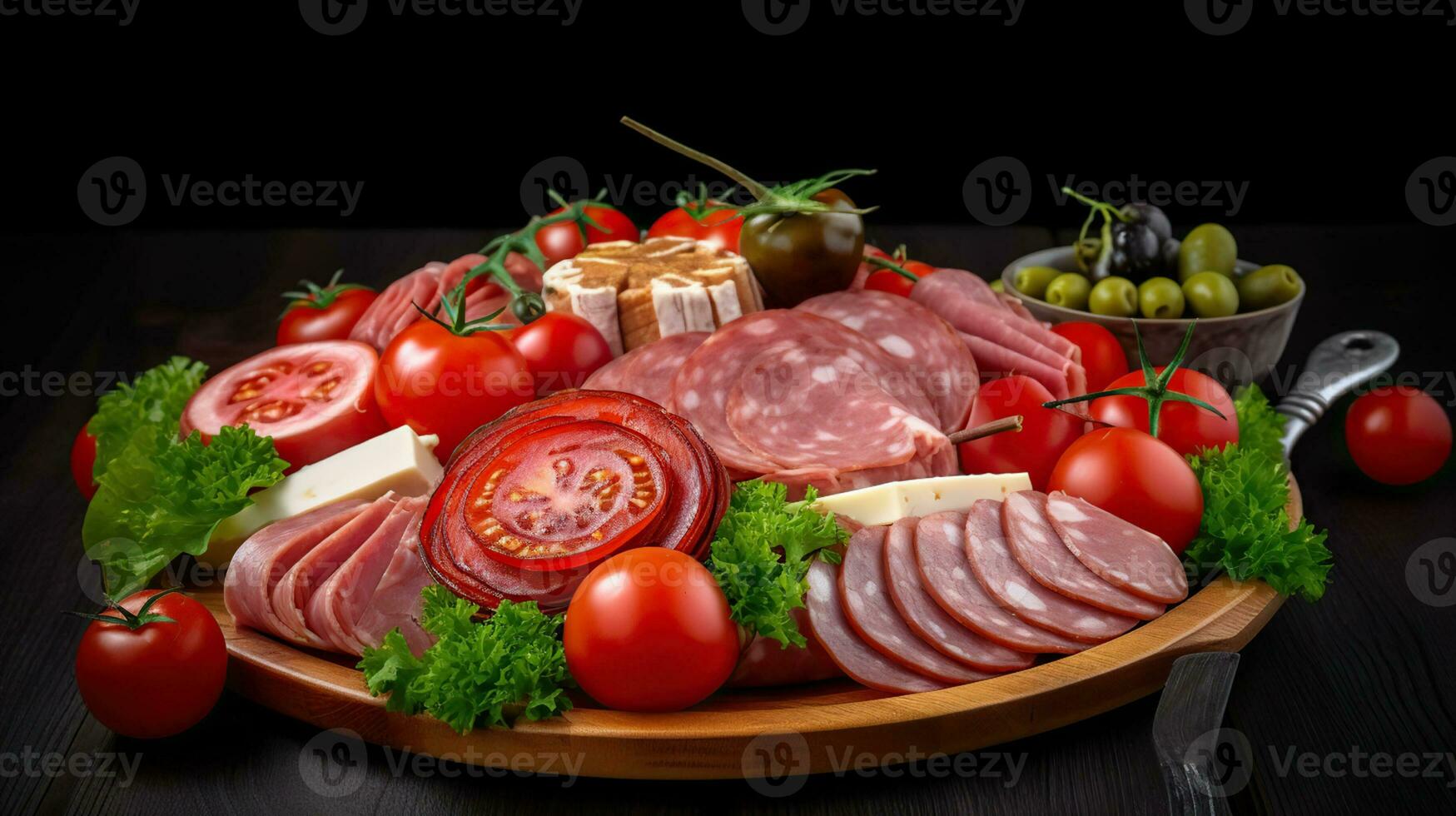 Exploring a Bountiful Meat Platter with Tempting Salami, Sliced Ham, Succulent Sausage, Juicy Tomatoes, a Crisp Salad, and an Array of Fresh Vegetables. Generative AI photo