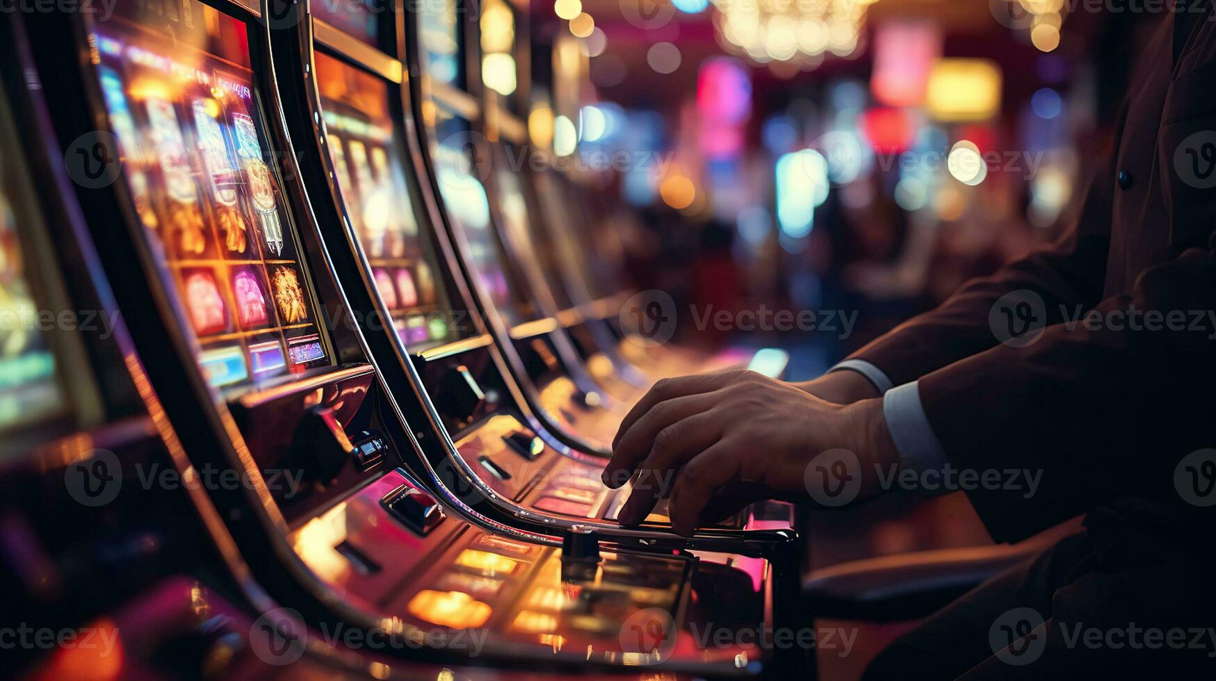 Gaming Excitement. Close-Up of a Casino Slot Machine Player. Generative AI photo