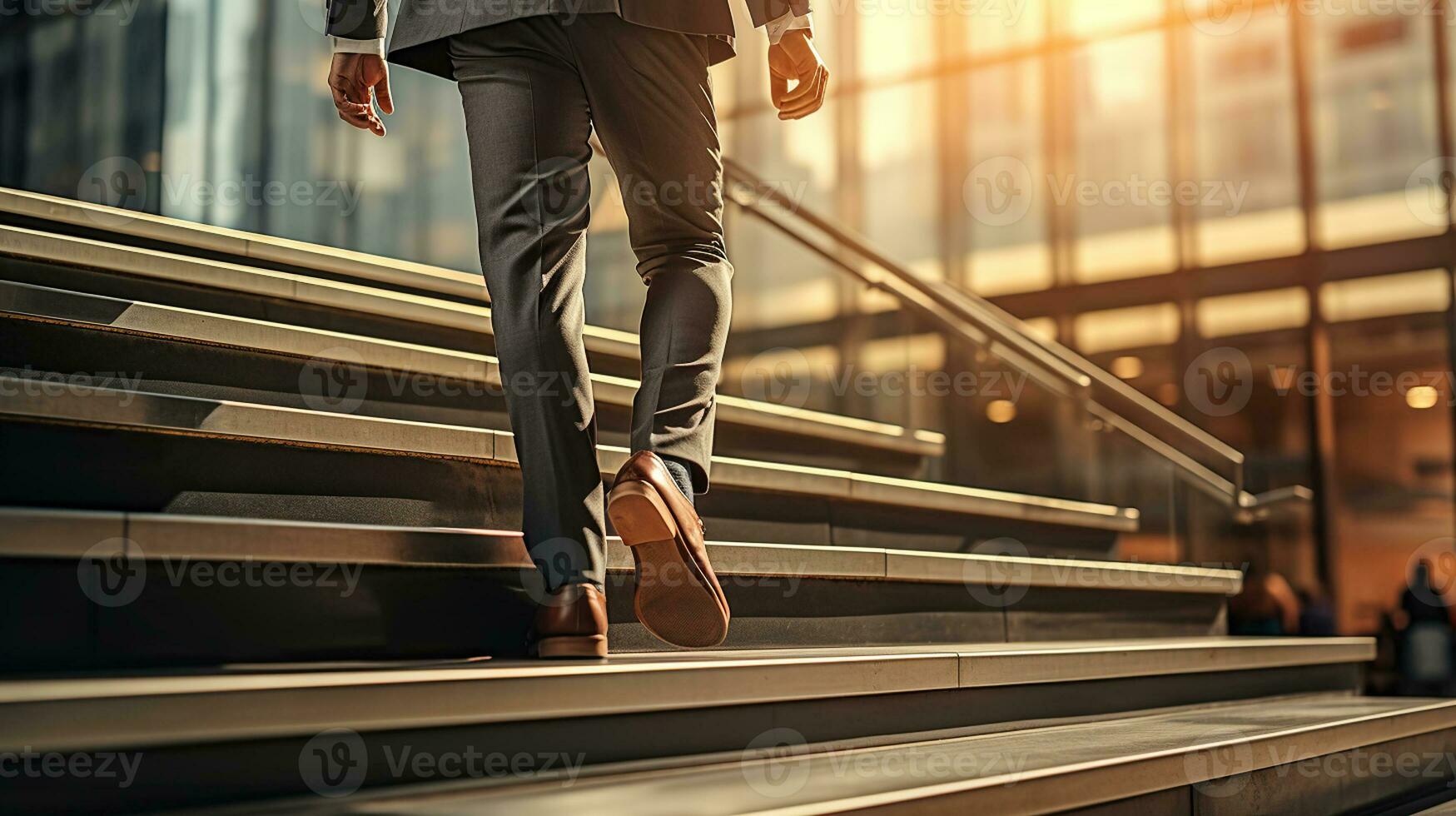 Close up, young businessman feet sprinting up stairs office middle. Generative AI photo