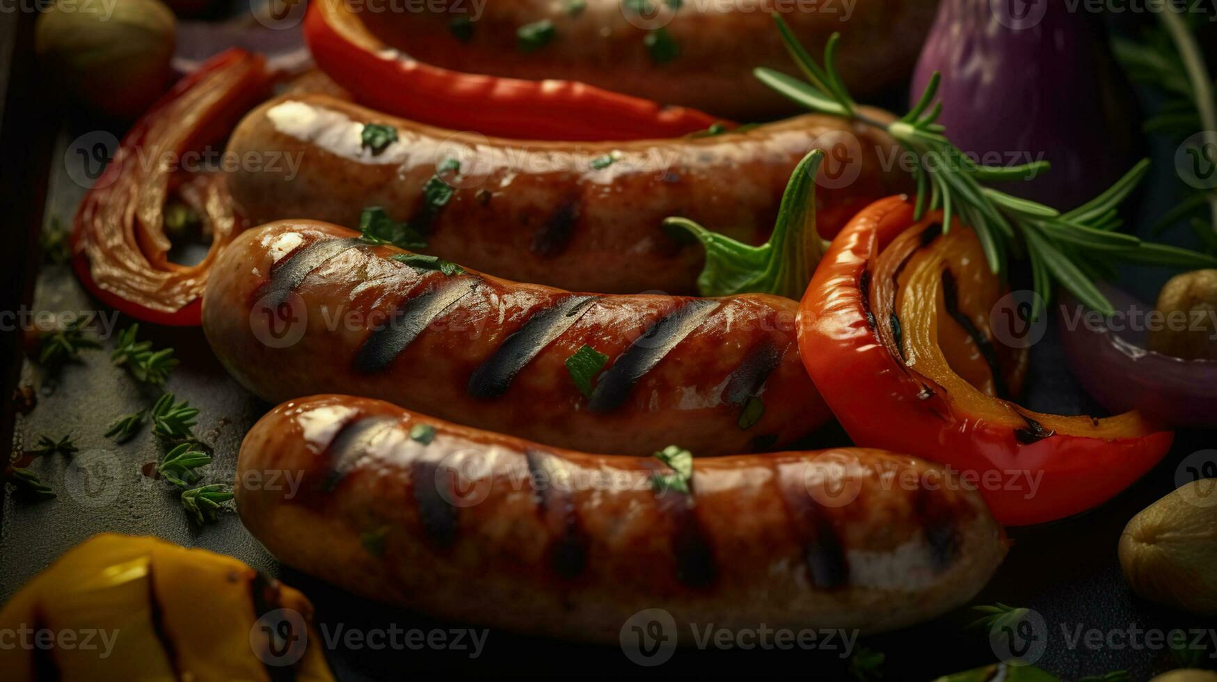 Grilled Sausage with Peppers, Onions, and Herbs, Generative AI photo