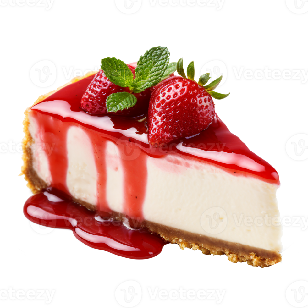 Perfect angled slice of fridge strawberry cheesecake with strawberry topping. AI Generative png