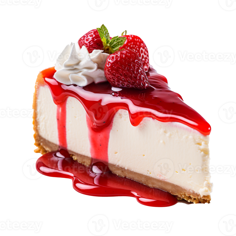 Perfect angled slice of fridge strawberry cheesecake with strawberry topping. AI Generative png