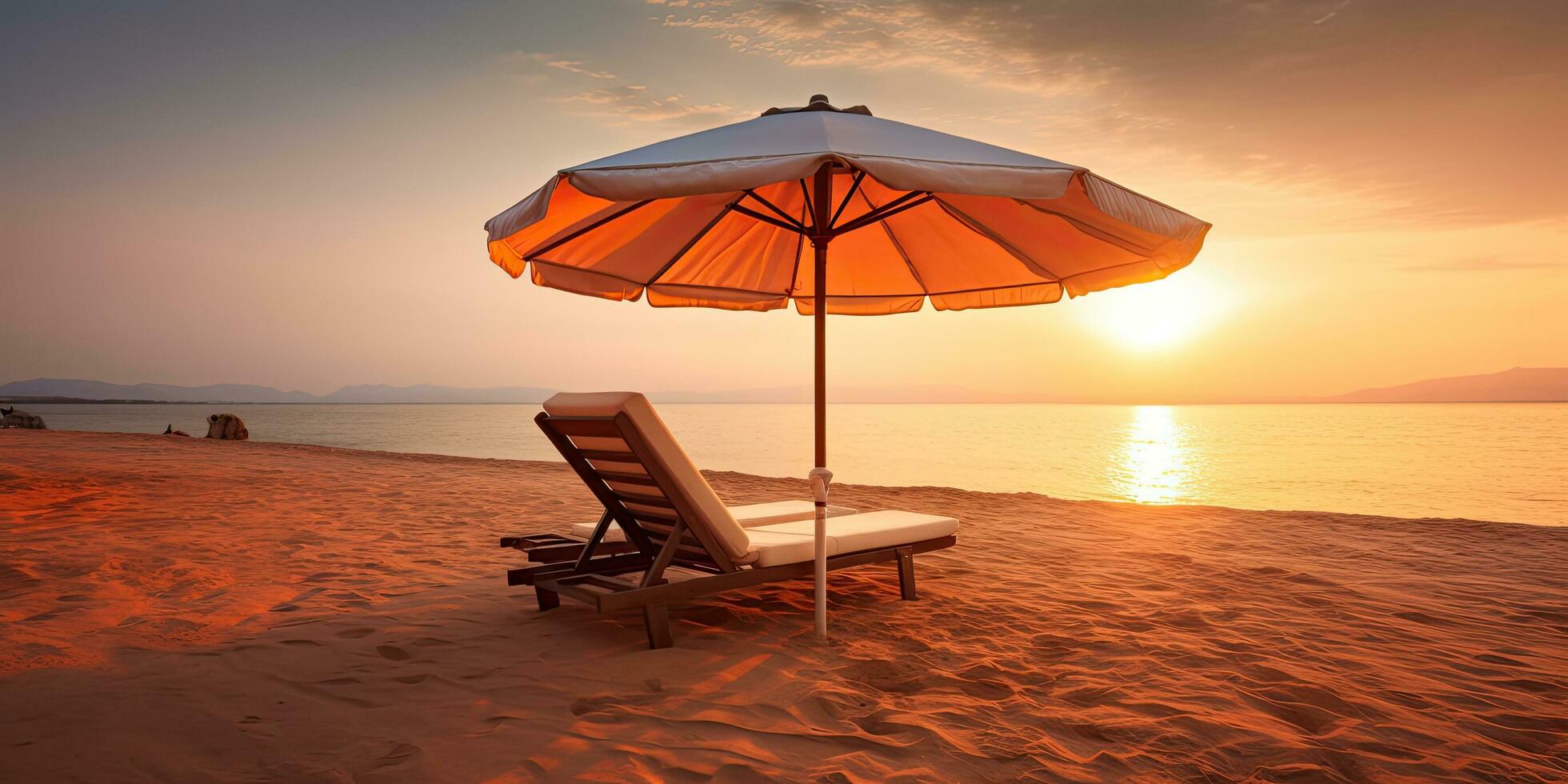 The beach chaise lounge and umbrella on sand sunset ,Generative AI photo