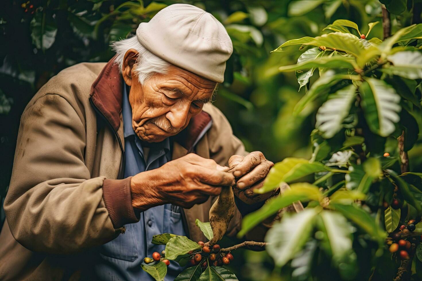 Old man South America farmer picking coffee beans at farm ,Generative AI photo