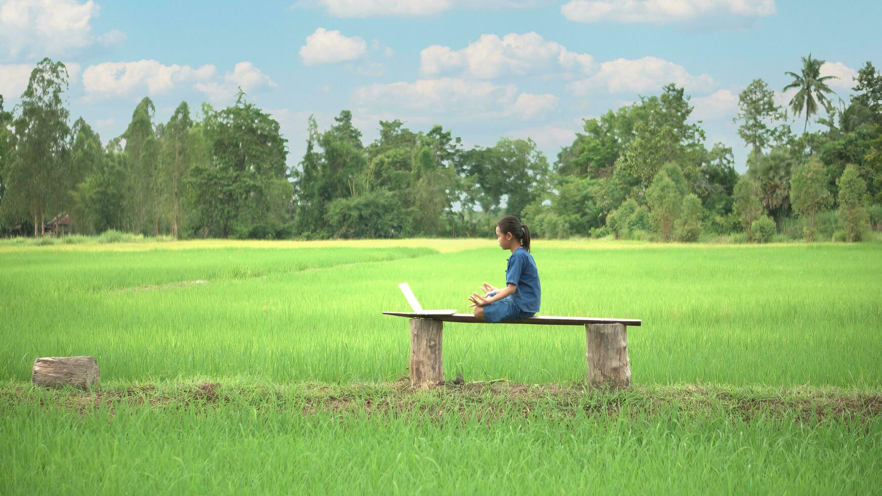 Asian girl live streaming on smartphone or laptop in rice field, countryside of Thailand. photo