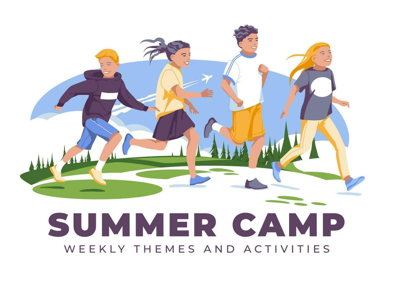 Summer camp for schoolchildren. Happy children running and jumping on the background of an open field with coniferous forest and sky. Flat vector illustration
