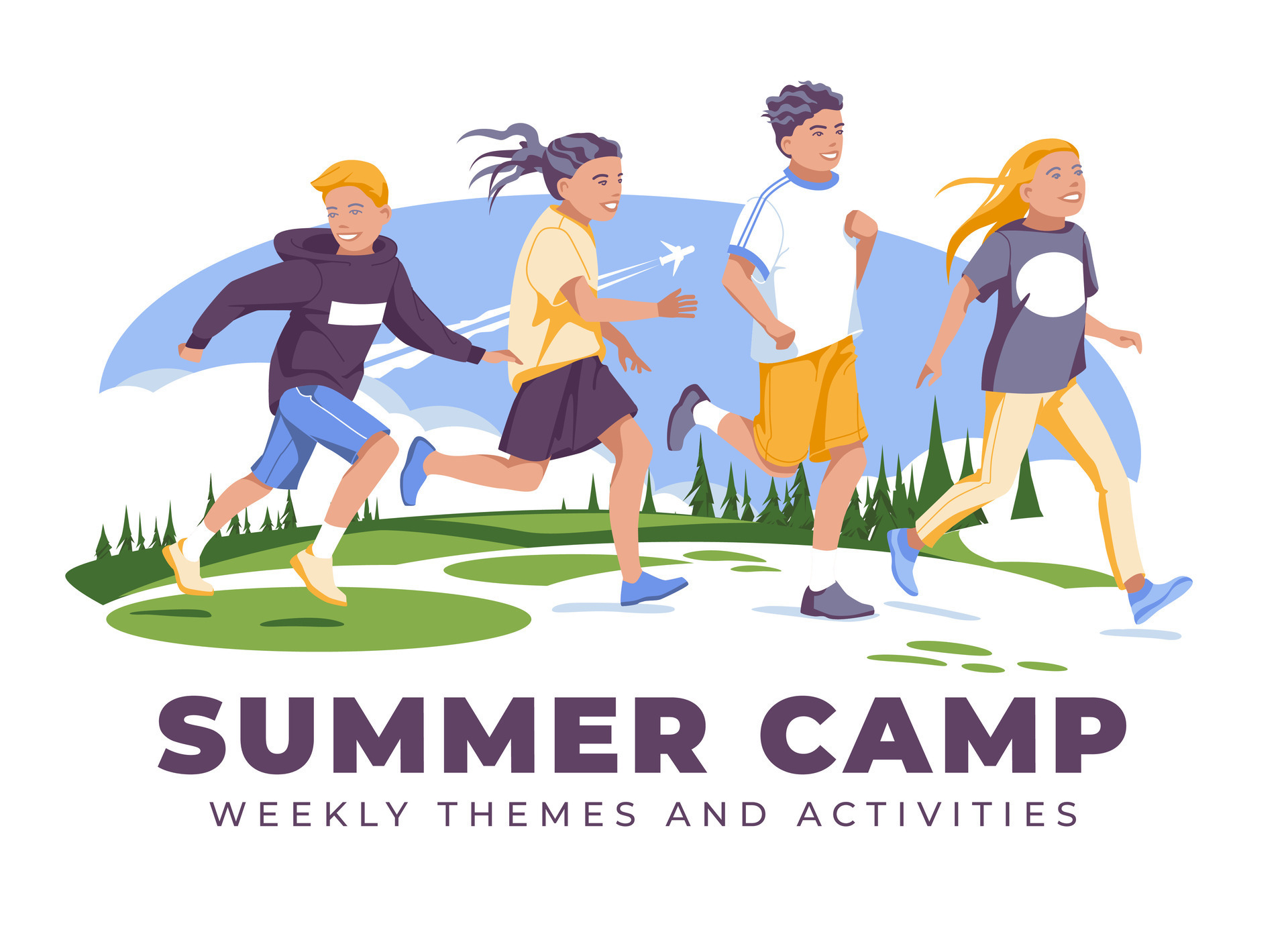 Summer camp for schoolchildren. Happy children running and jumping on