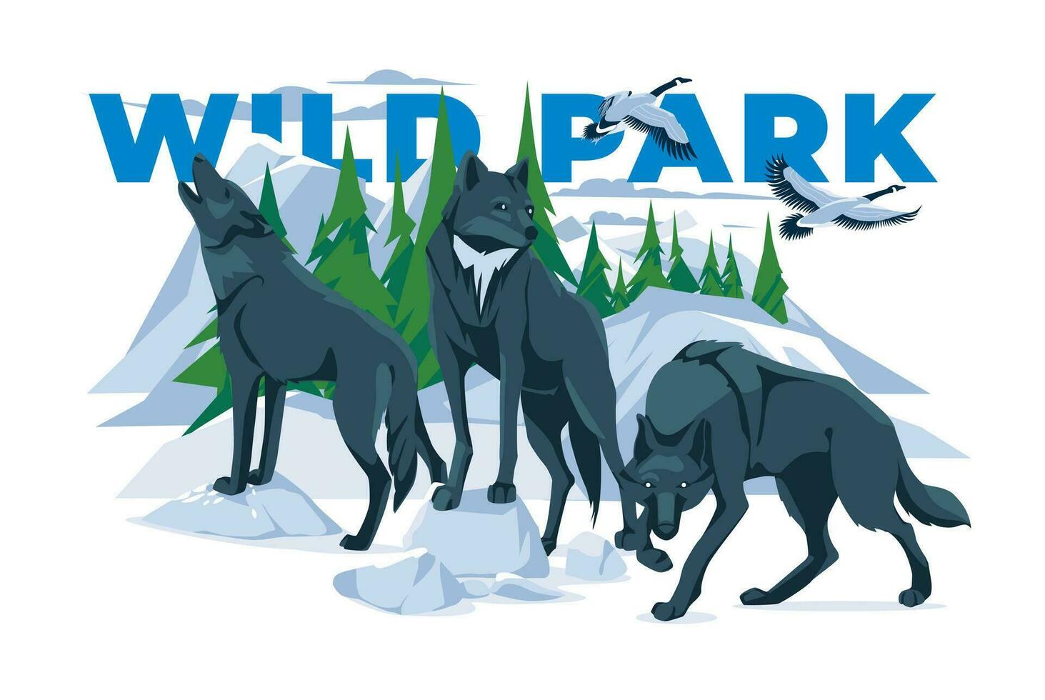 Wild wolves on the background of a mountain forest. Fauna National Park and Zoo Travel. Birds fly. Isolated on white background. Vector flat illustration