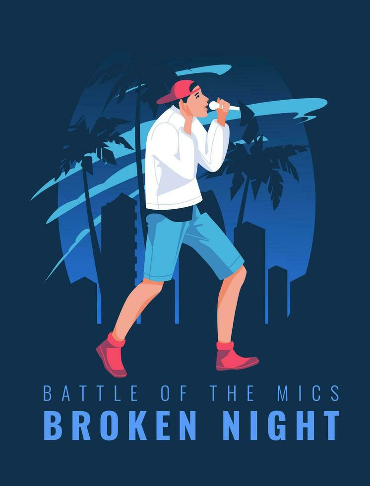 Hip hop artist against the backdrop of a dark night coastal city with palm trees and skyscrapers. Flat vector illustration
