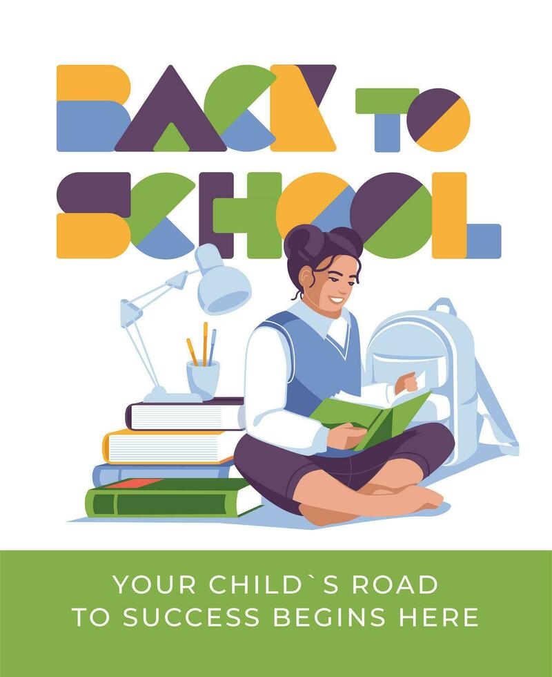 young schoolgirl reading book with backpack, big books, lamp and other stationary on text background. Advertisement Back to school. Vector flat illustration