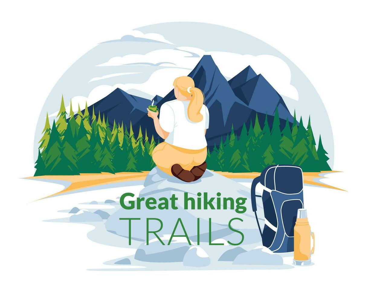 Great hike trails poster. A young girl sits on a stone with a cup of tea, a backpack and a thermos on the background of a mountain lake. Reflection of mountains and coniferous forests vector