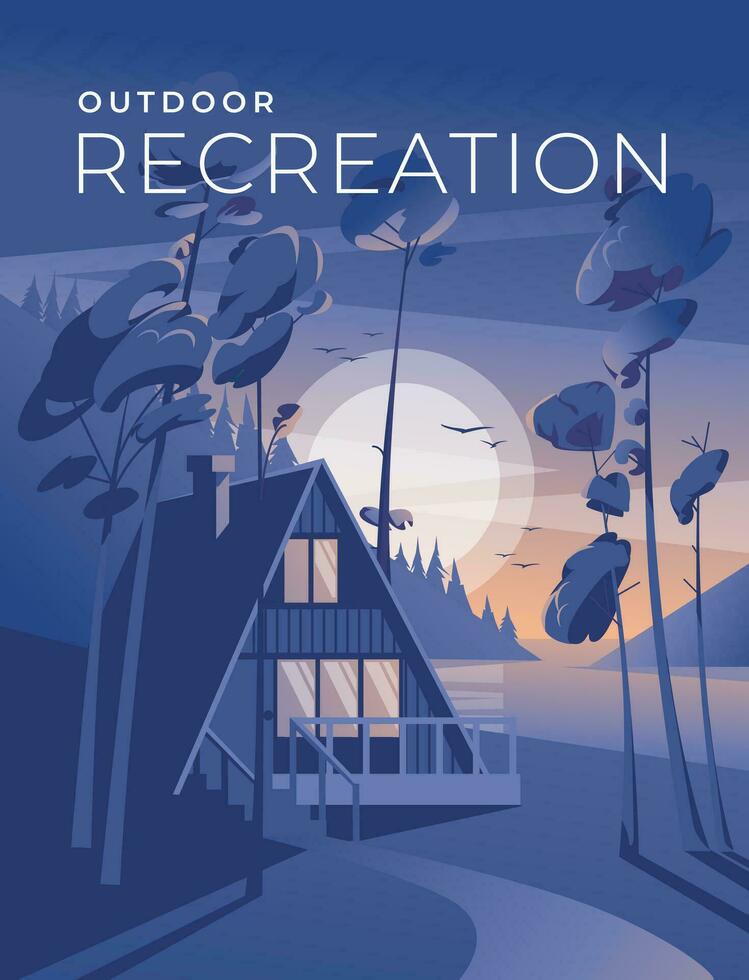 a wooden house for recreation on the bank of a river or lake. Coniferous forest. Blue sunset. Dusk. Recreational tourism and hiking. Vector illustration