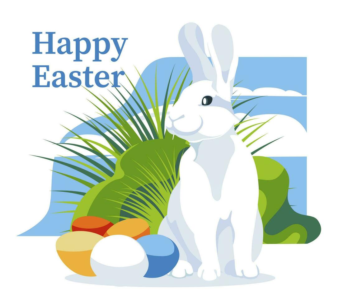 A white rabbit sits in a green garden near Easter eggs. Easter celebration postcard. Vector flat illustration