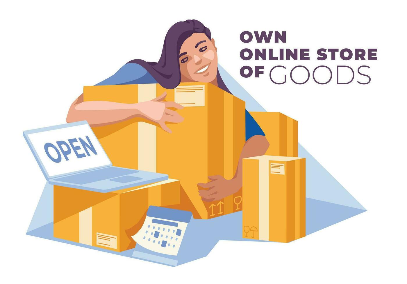 girl with boxes of goods. Online store, shopping and delivery concept. Own business. Vector flat illustration.