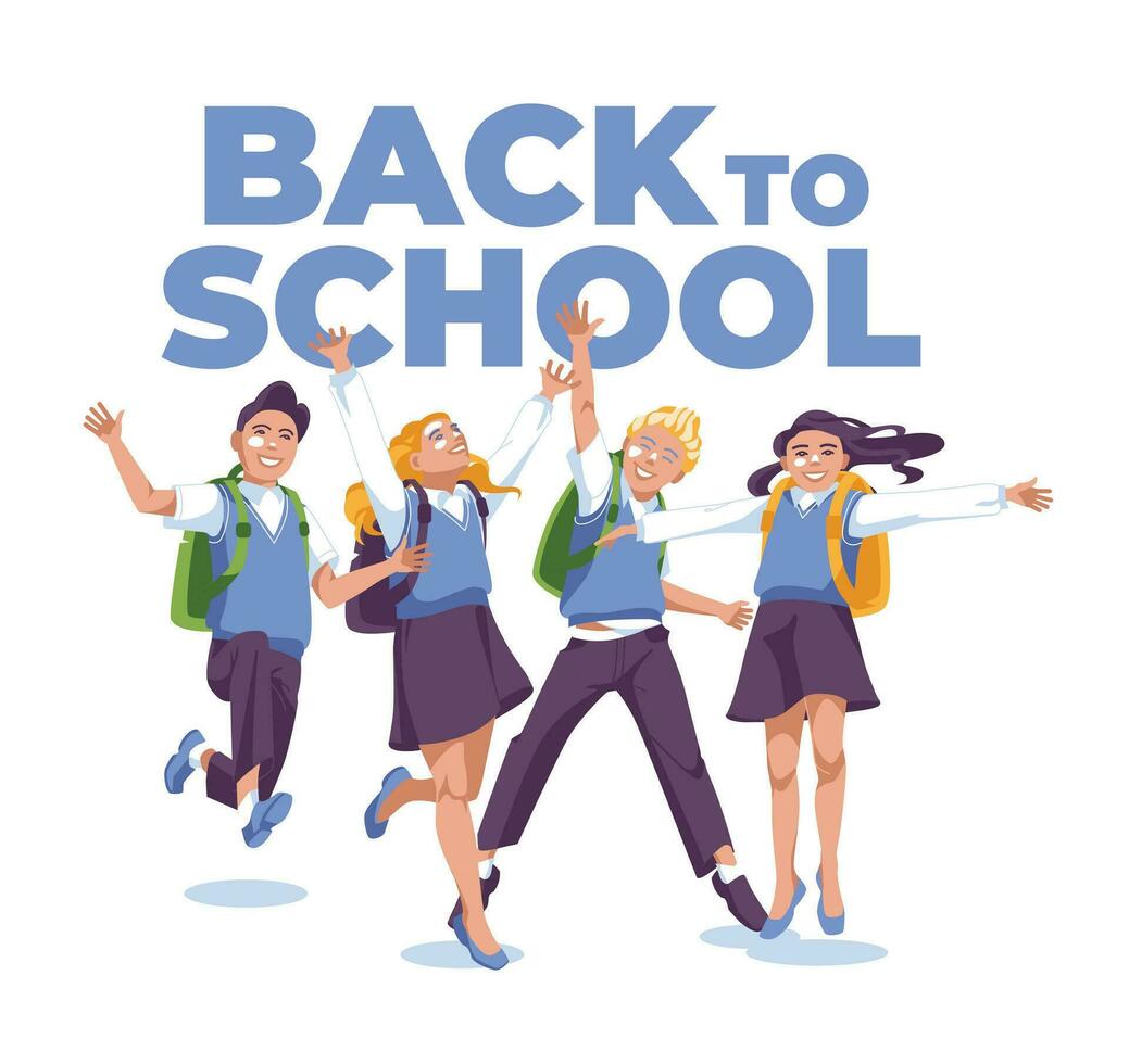 back to school banner, poster. Four happy schoolboys and schoolgirls are jumping on the background of the text. White background vector