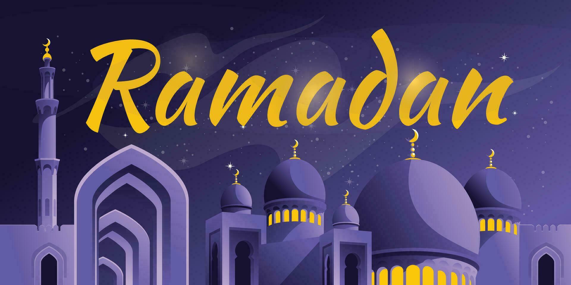 Ramadan tarjeta diseño. púrpura estrellado noche. islámico fe magia mezquita con minaretes. vector ilustración.