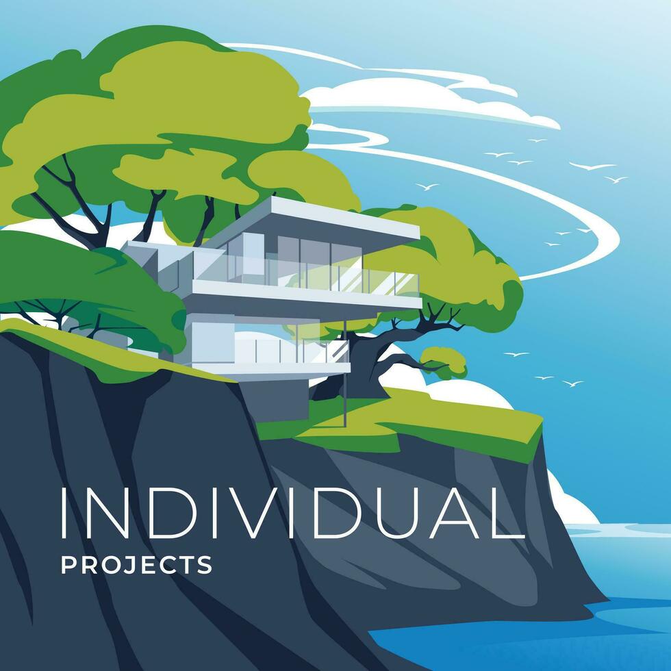 a modern residential building on the seashore. Summer or spring nature landscape. Advertisement of the architectural office. Vector flat illustration