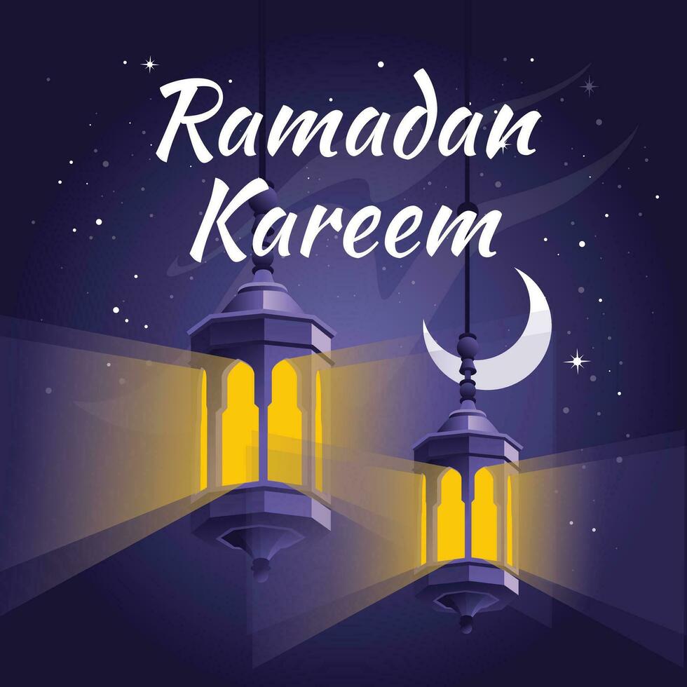traditional Arabic lanterns on the background of the new moon. Ramadan greeting card. islamic symbol. Purple starry night. Vector illustration