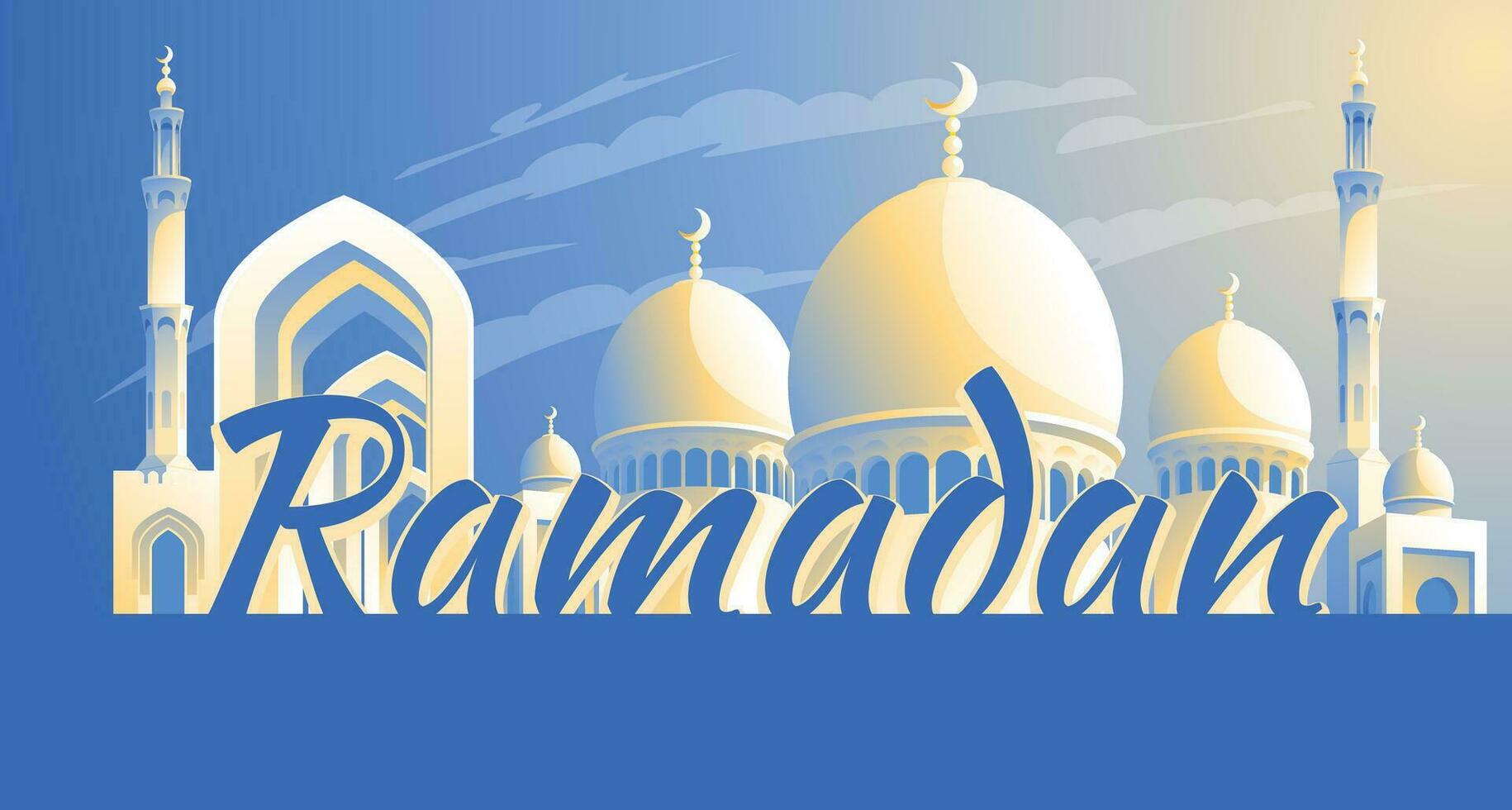 Ramadán tarjeta diseño. brillante soleado día. islámico fe mágico mezquita con minaretes y puertas vector ilustración.