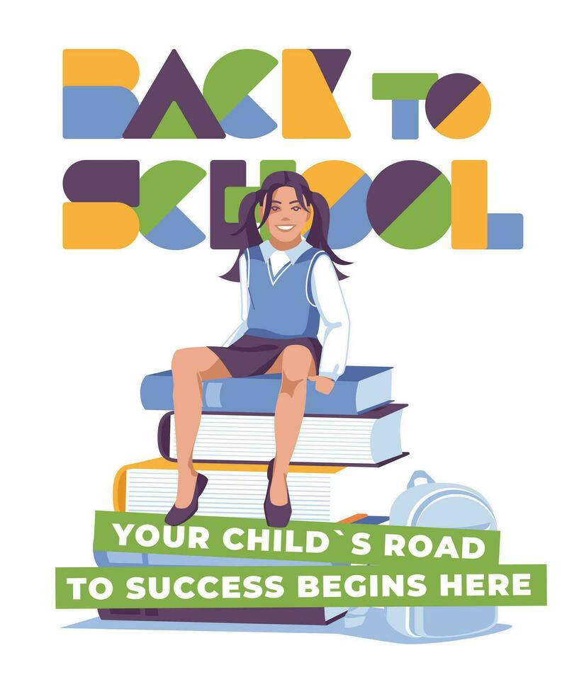 a young schoolgirl is flying against a background of a blue sky with clouds. Advertisement Back to school. Vector flat illustration