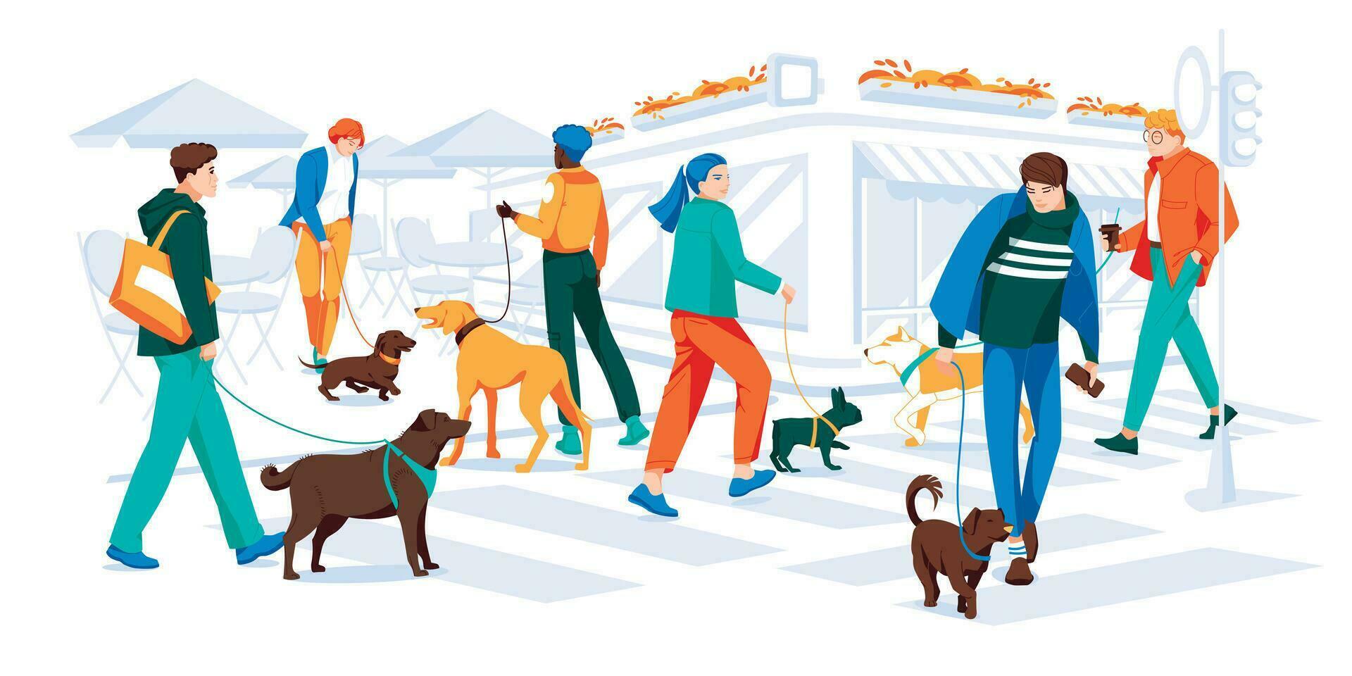 los ciudadanos caminando con perros en el calle en ciudad. ocupado tráfico en megalópolis. ciudad café y tienda frontal. de colores plano dibujos animados vector ilustración de moderno paisaje urbano