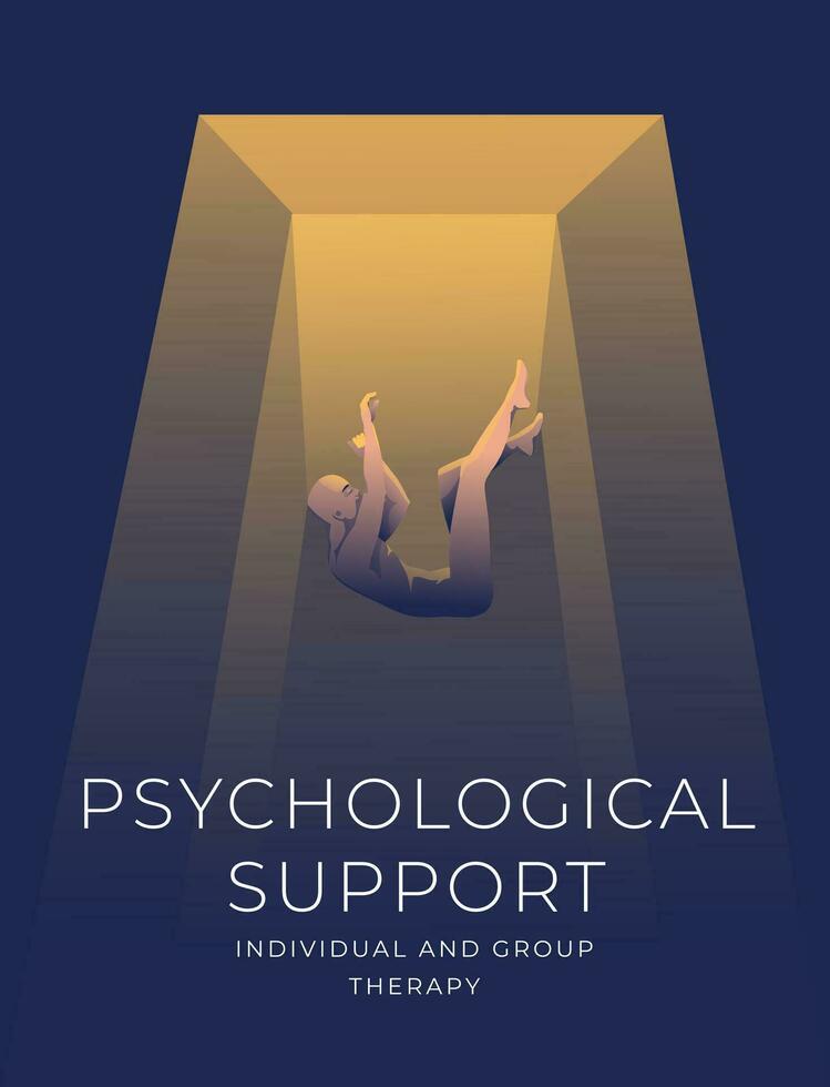 Psychological support concept art poster. Falling naked man in the dark. Metaphor. Light and gradient effect. Vector illustration