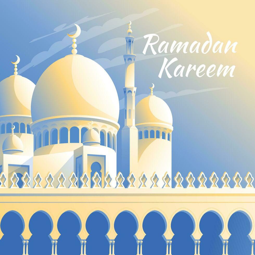 Ramadan card design. Bright sunny day. Islamic faith magical mosque with minarets. Vector illustration.