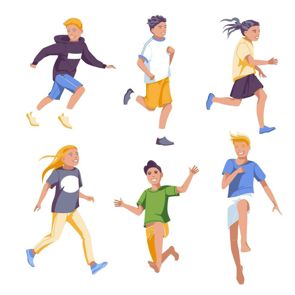 contento colegio niños fiesta colocar. corriendo y saltando caracteres aislado en blanco antecedentes. plano vector ilustración