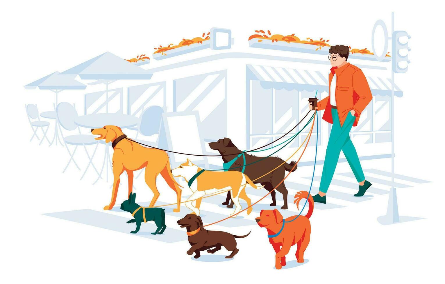 One guy walking with different dogs on the street in city. City cafe and frontshop. Colored flat cartoon vector illustration of modern cityscape