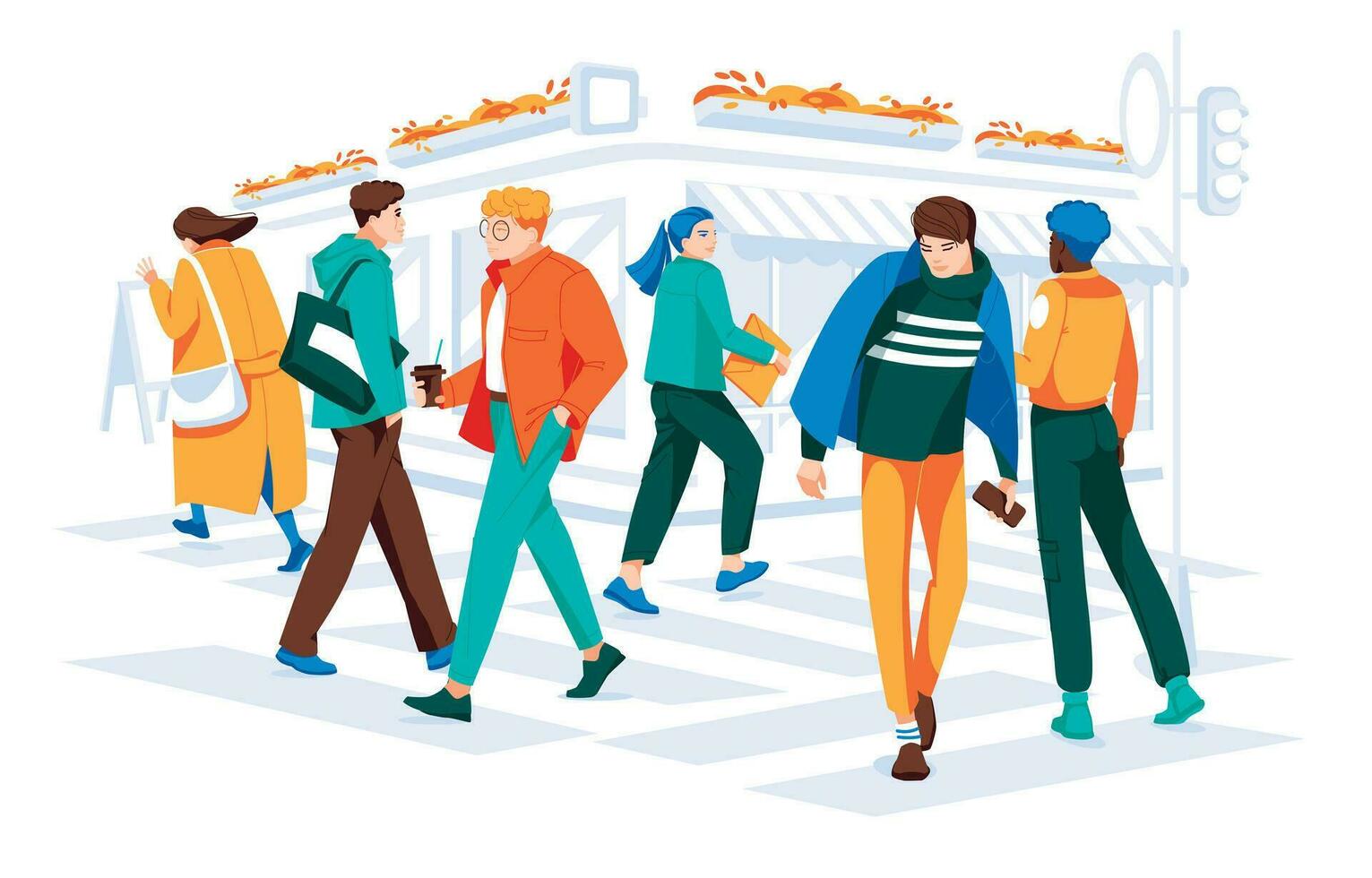 People crossing road at pedestrian crosswalk. Citizens walking the street in city. Busy traffic in megalopolis. City cafe and frontshop. Colored flat cartoon vector illustration of modern cityscape