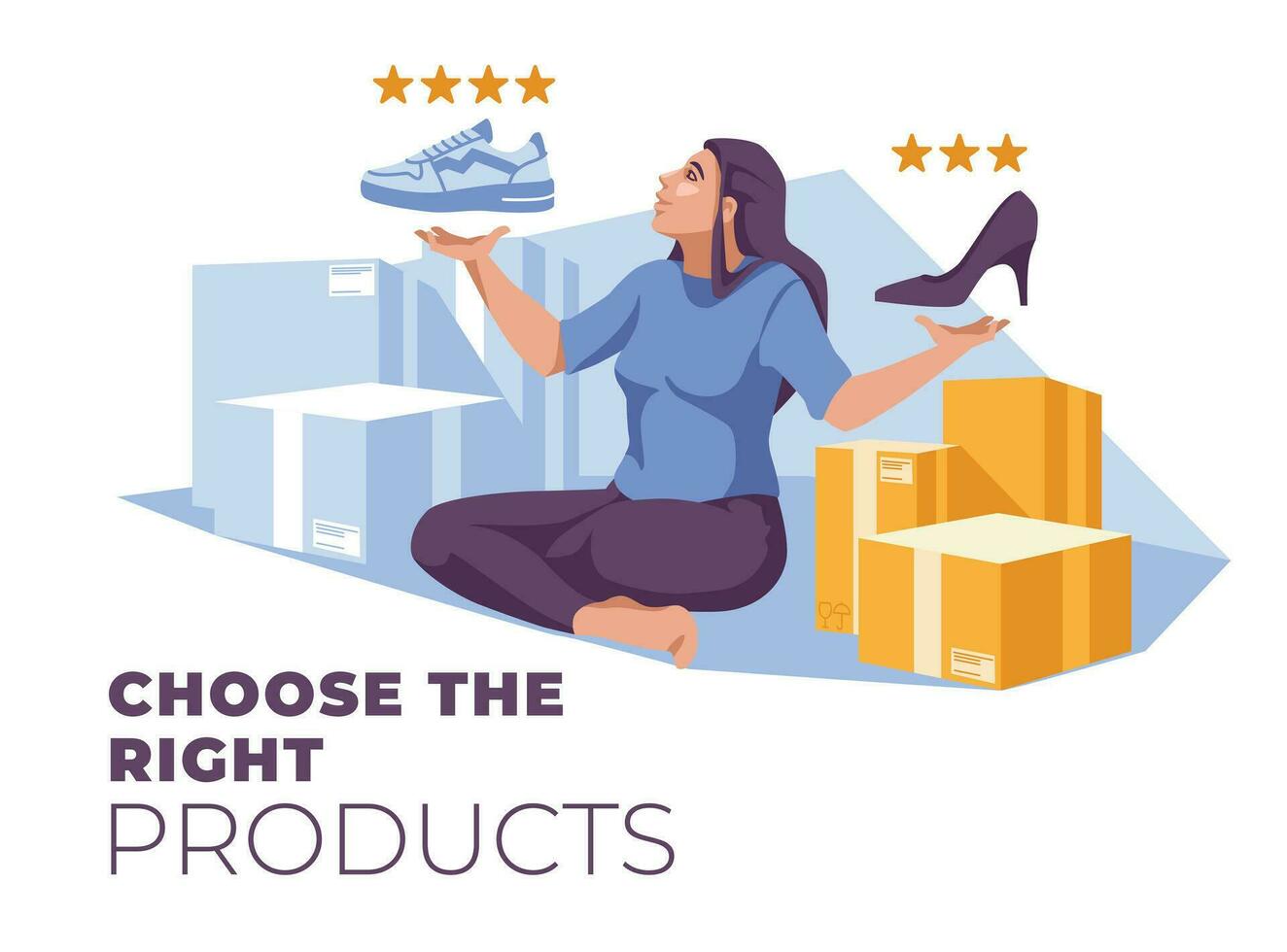 A woman sits between boxes and chooses products for her own online store. E-commerce business concept. Vector flat illustration