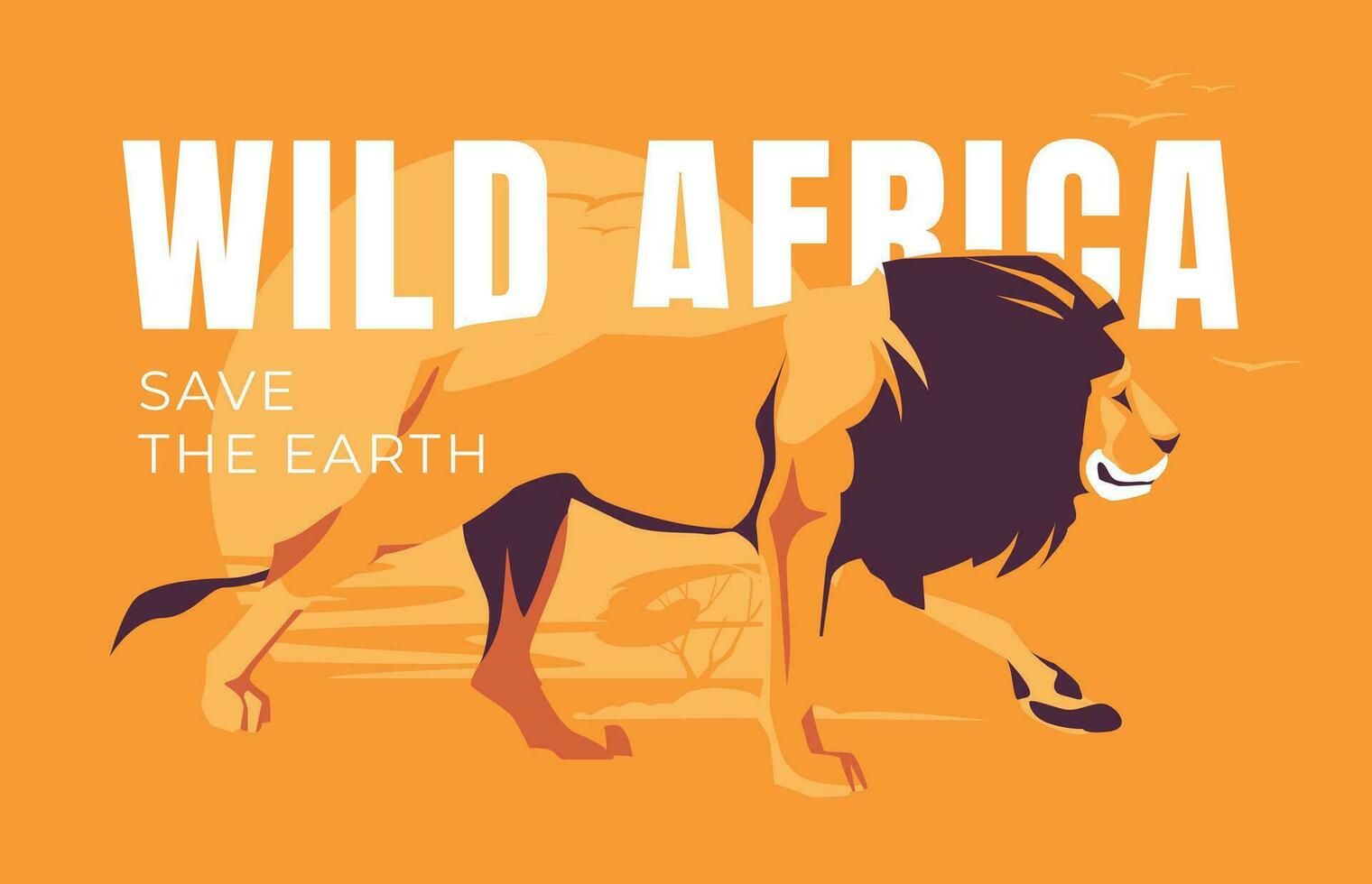 Wild Africa poster, banner, flyer with a walking lion on a yellow sunny background. Concept of environment and ecology. Vector flat illustration