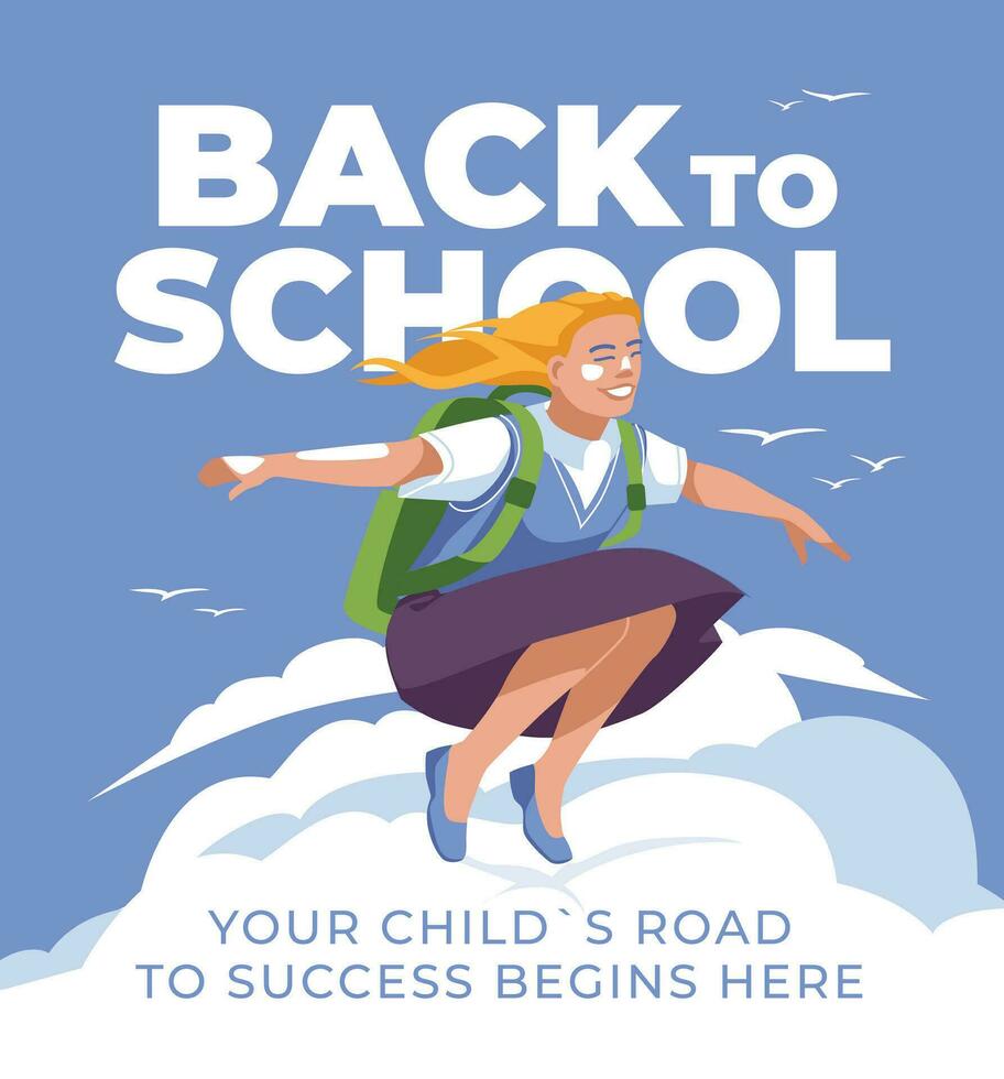 un joven Chica de escuela es volador en contra un antecedentes de un azul cielo con nubes anuncio espalda a escuela. vector plano ilustración