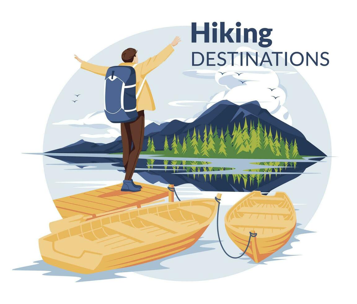 Hiking poster. landscape of a mountain lake. breathtaking view. A man with a backpack stands on a pier with boats and looks at the mountains. flat vector illustration