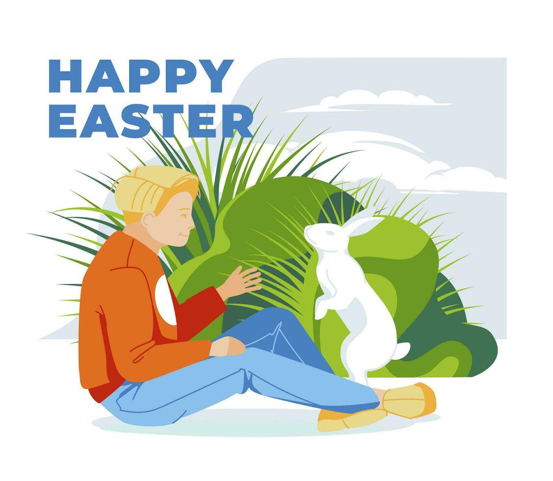 boy with easter white rabbit in English garden. Greeting card design. Flat vector illustration