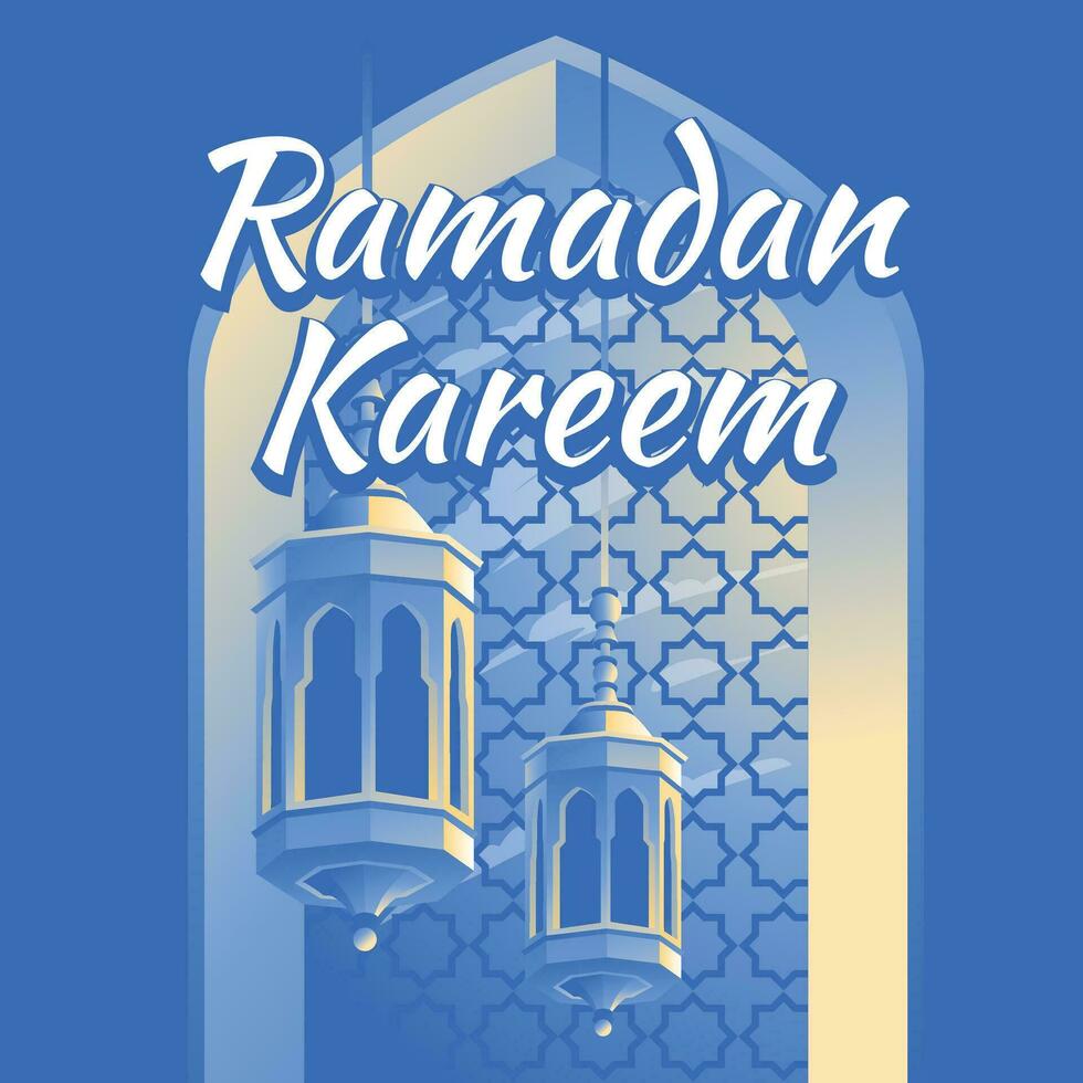 traditional Arabic lanterns on the background of a window with an ornament. Ramadan greeting card. islamic symbol. Clear, sunny day. Vector illustration
