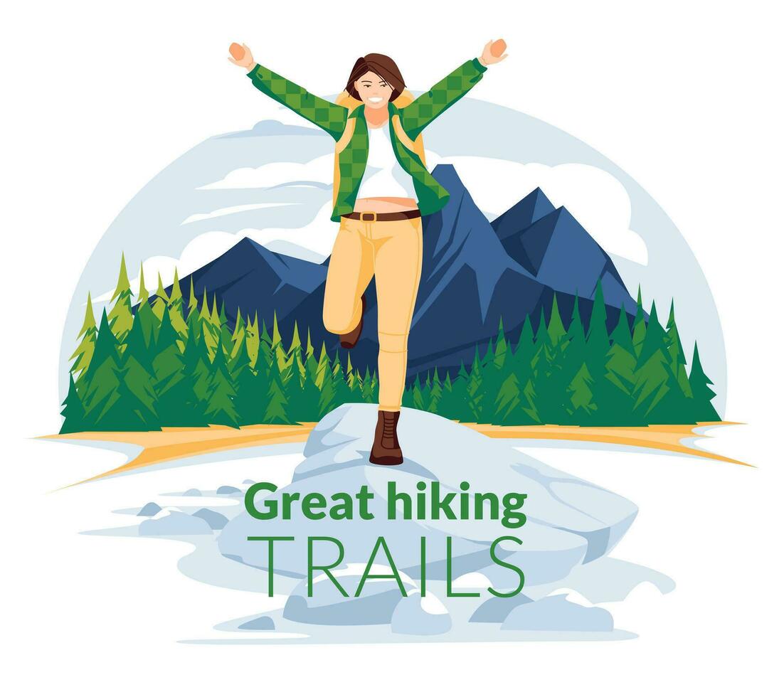 Great hike trails poster. A young girl stands on a stone with her arms spread out to the sides against the backdrop of a mountain lake. Reflection of mountains and coniferous forests vector