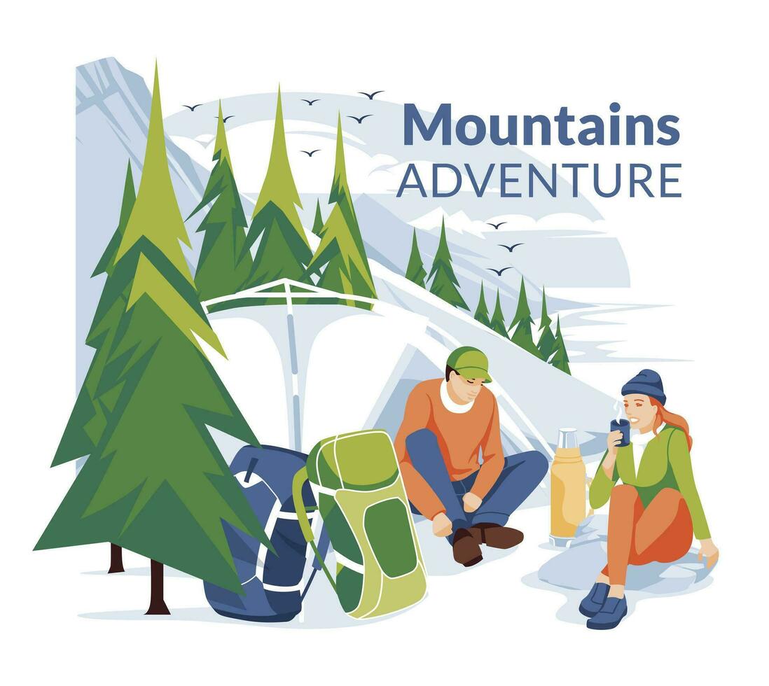 Adventure in the mountains poster. A couple of young people are sitting near the tent and resting with backpacks against the backdrop of a mountain landscape with a coniferous forest. vector