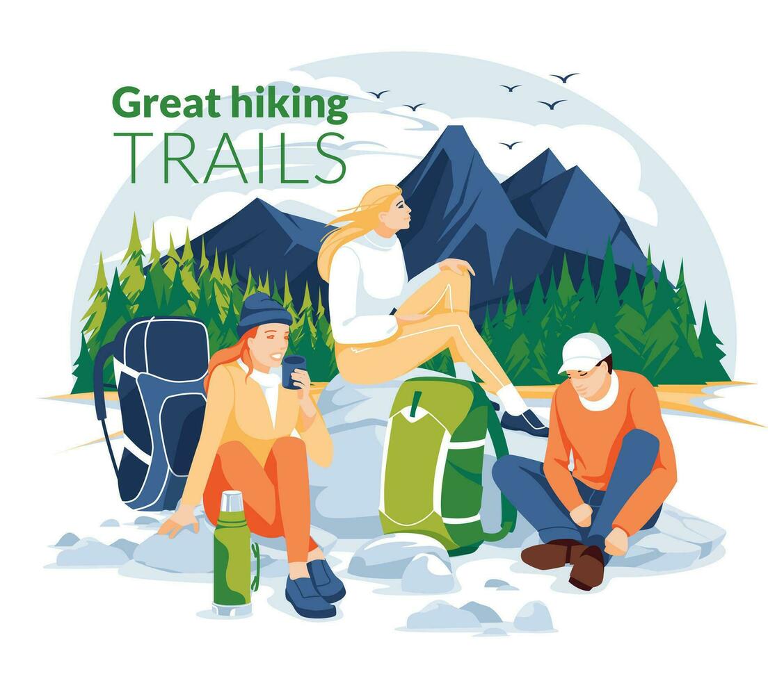 Mountain hiking poster. A group of young people with backpacks sit on the rocks against the backdrop of a mountain river or lake with a coniferous forest. Calm landscape. flat vector illustration
